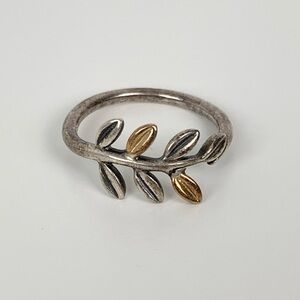 Pandora Two Tone Sterling Silver Laurel Leaf Ring Sz 6 Vtg S925 ALE Retired
